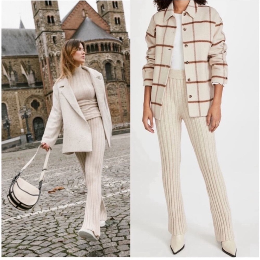 NWT Anine Bing 100% Wool Val Ribbed Knit Flare Pull On Pants Ivory Cream Sz XS